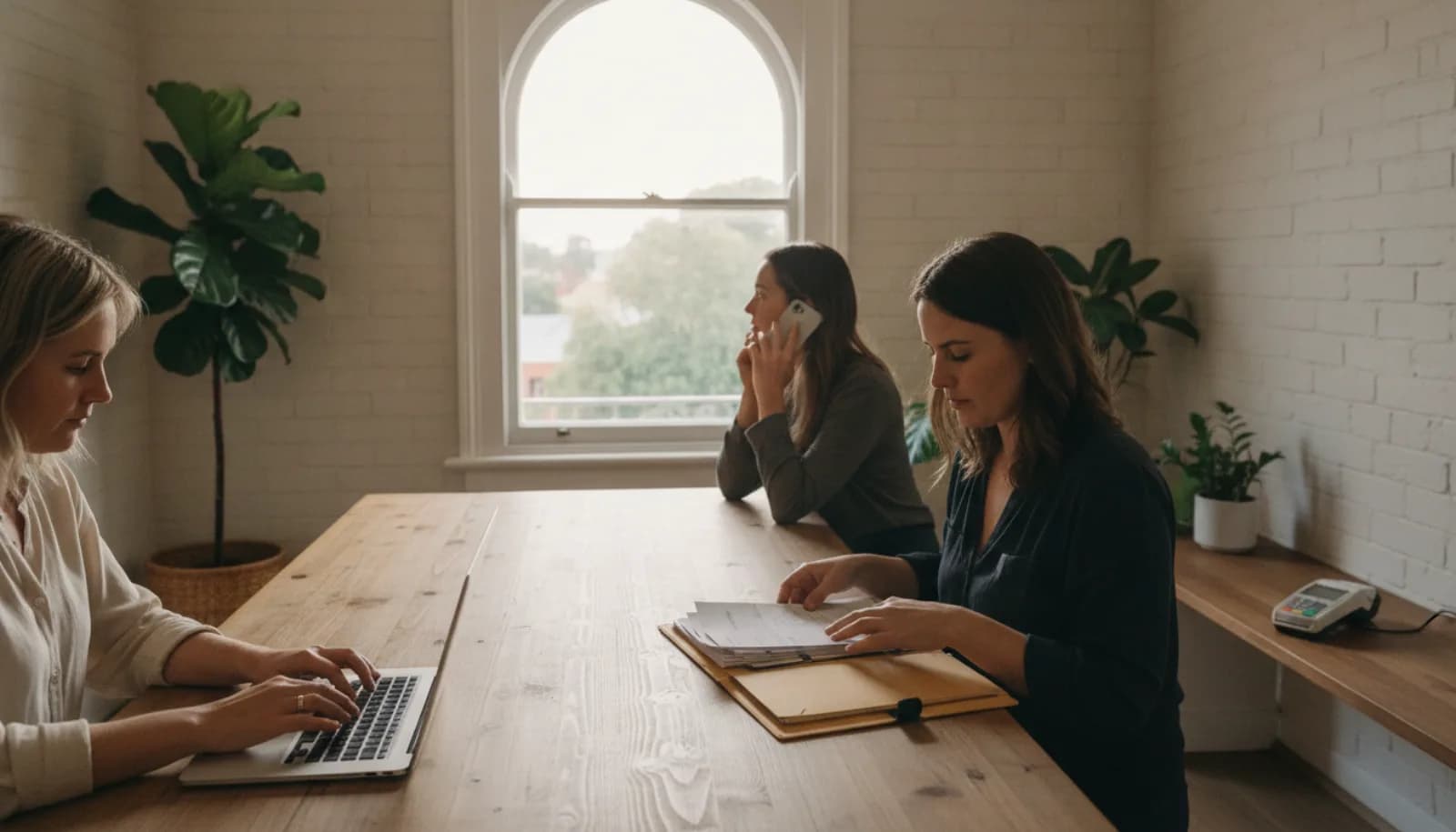 A small business team at work in a bright office with a payment terminal and diary on the bench
