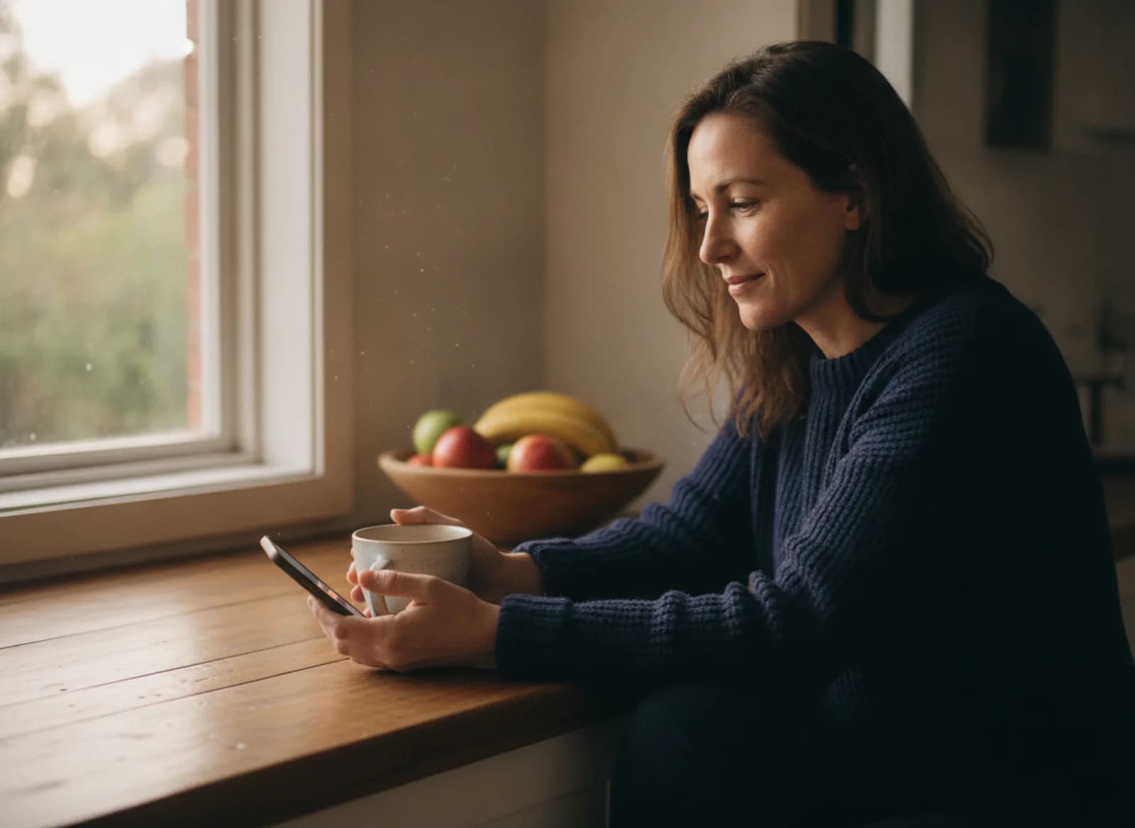 A studio founder glancing at her phone over tea at home