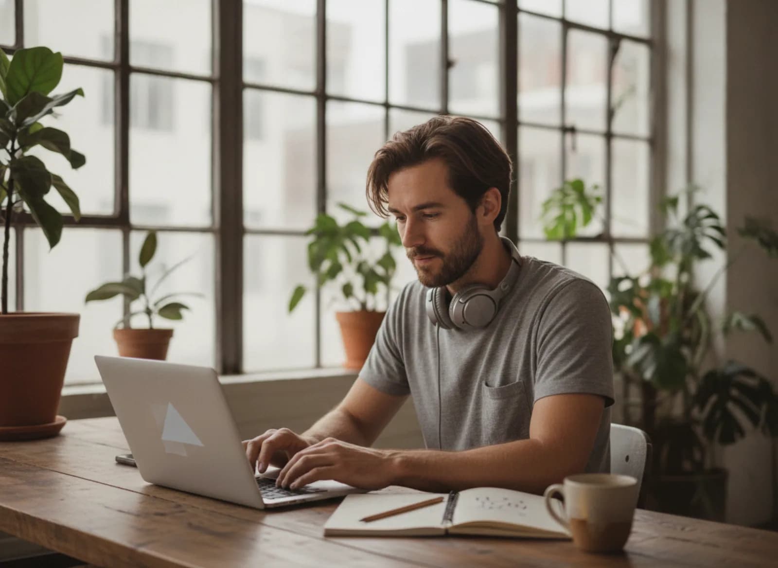 A designer working on a laptop in a bright studio