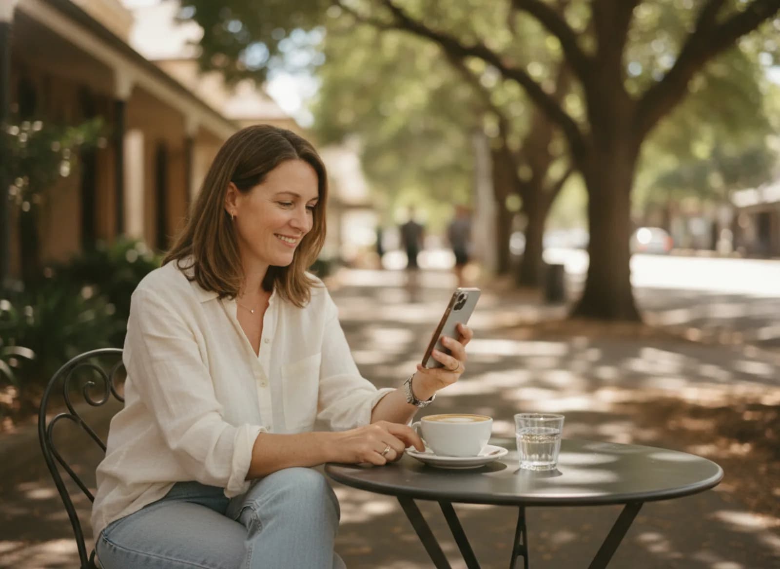 A client reading her phone at a cafe table