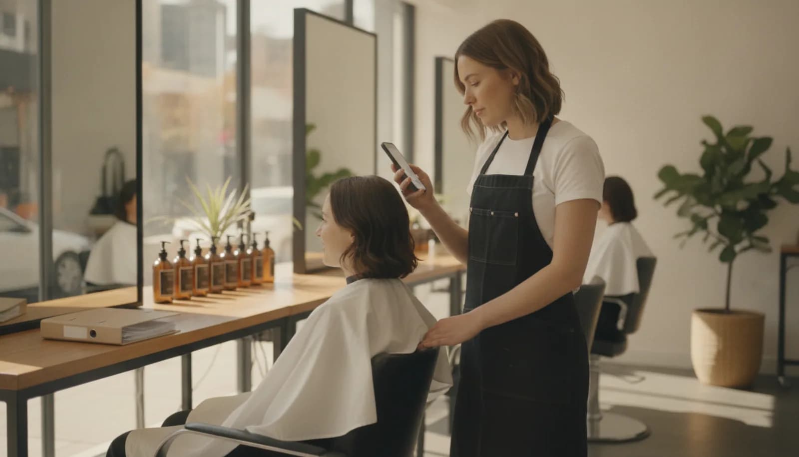 A stylist glancing at her phone beside a client in a bright salon