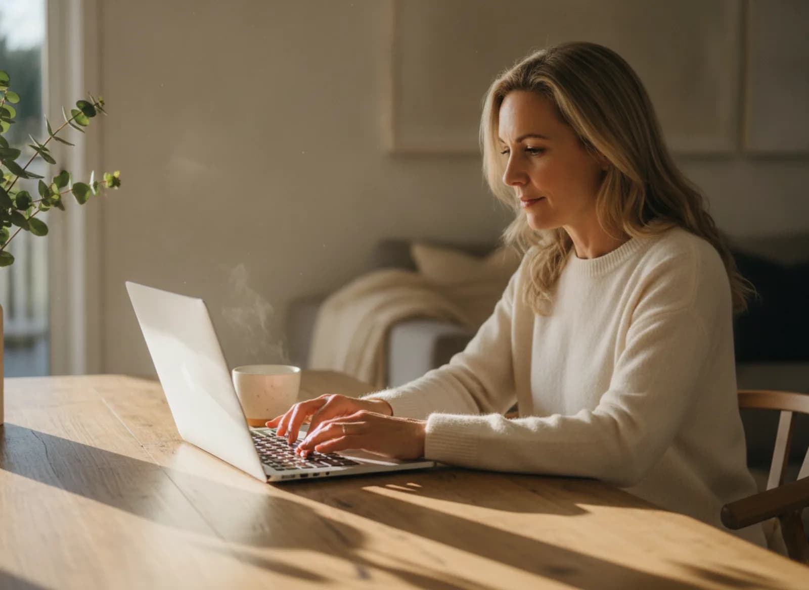A salon owner at her dining table finishing an update on her laptop