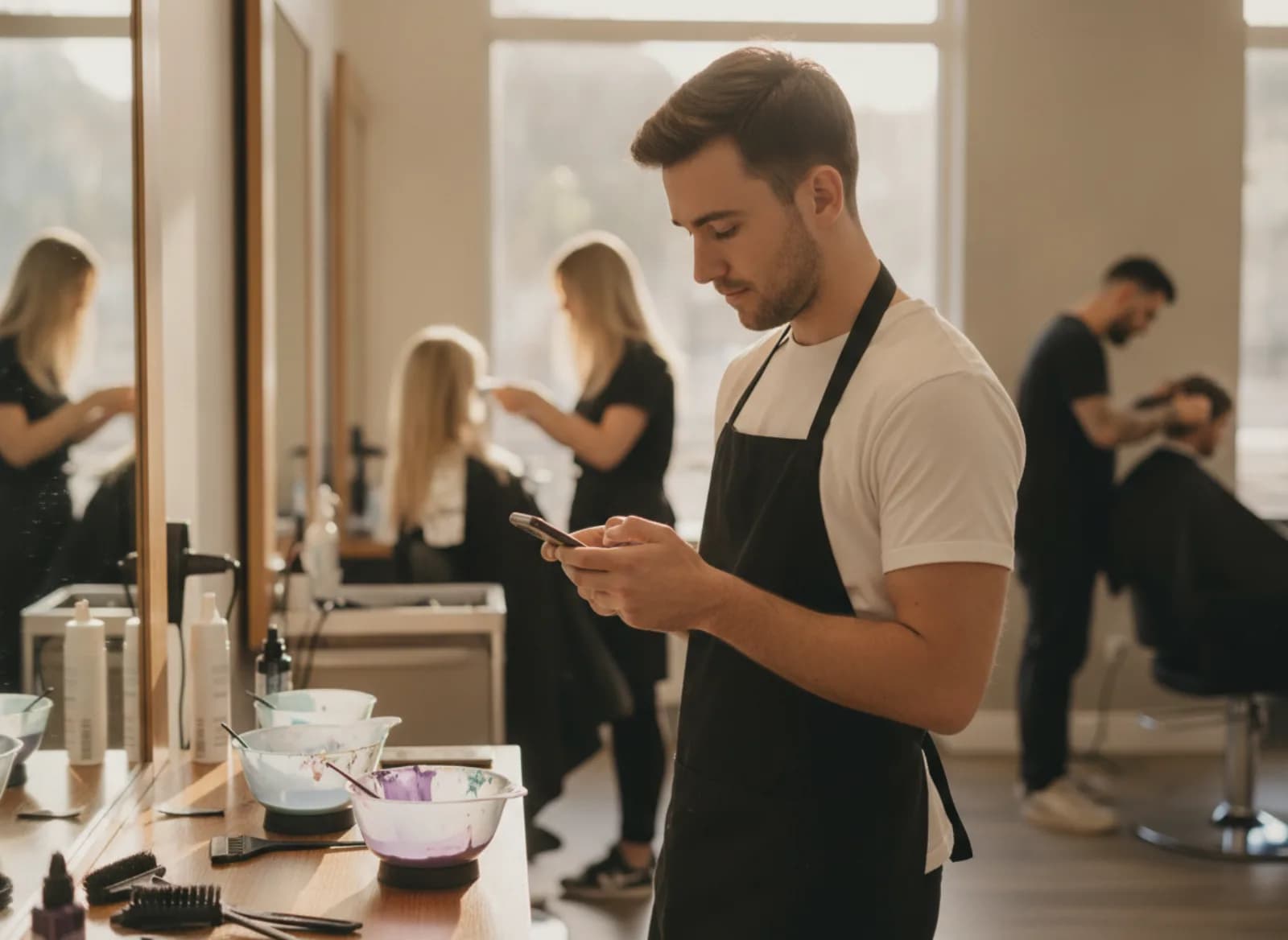A stylist at the colour station reading his phone