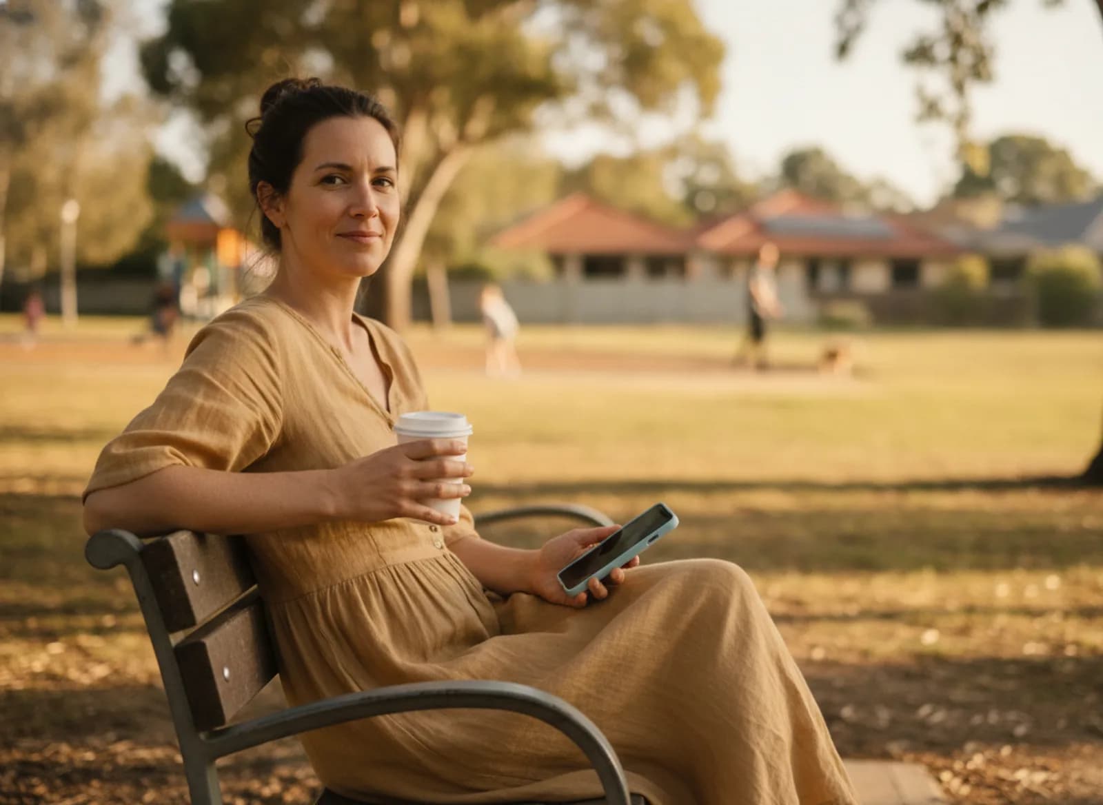 A woman on a park bench with a coffee, reading her phone
