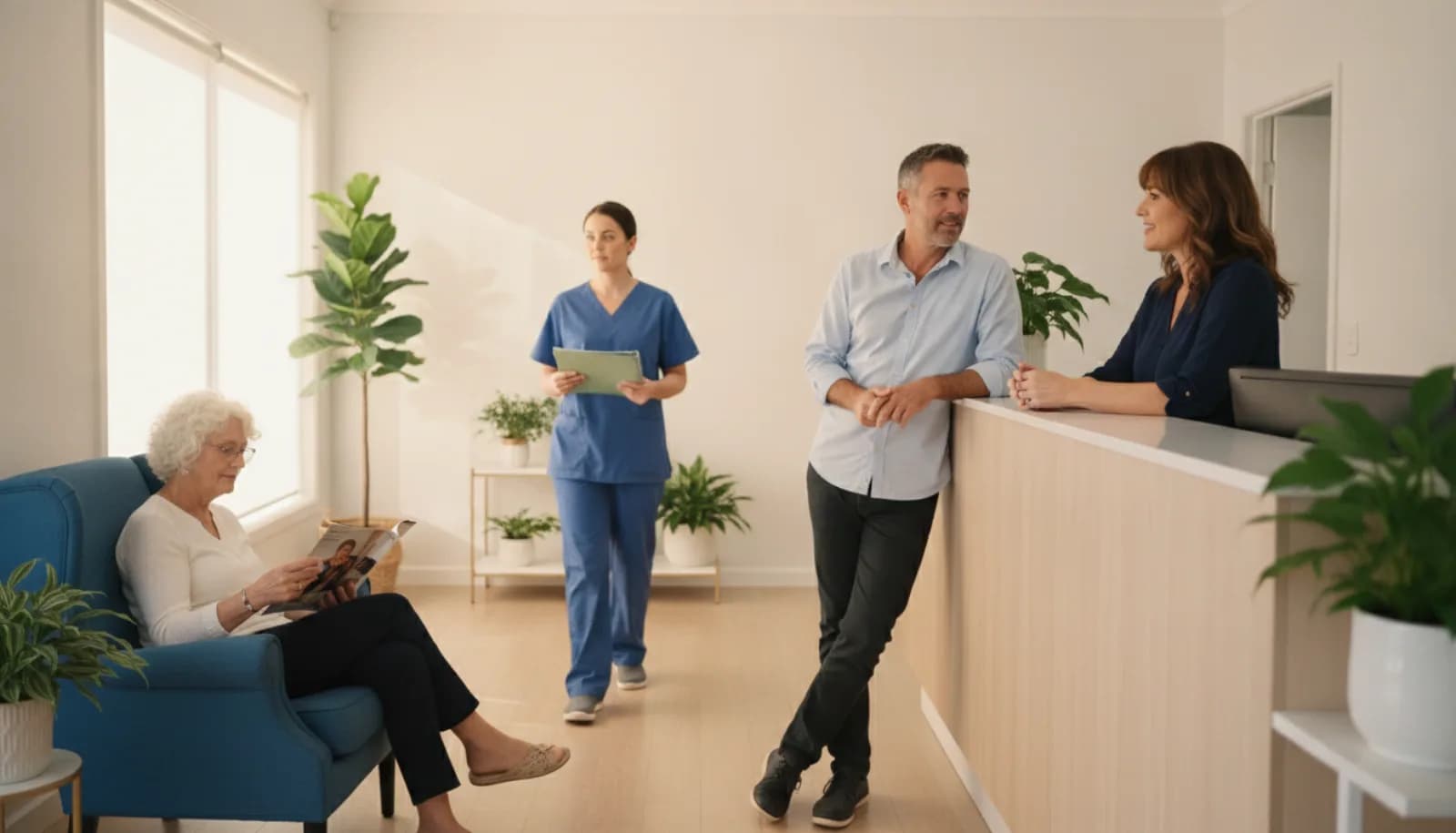 A calm, bright clinic reception with patients waiting and a practitioner walking through