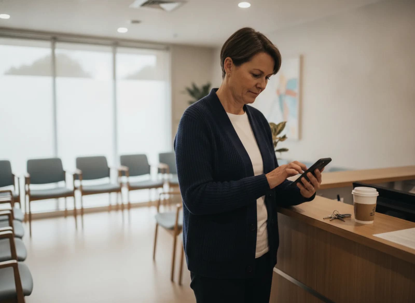A practice manager reading a phone in an empty clinic before opening