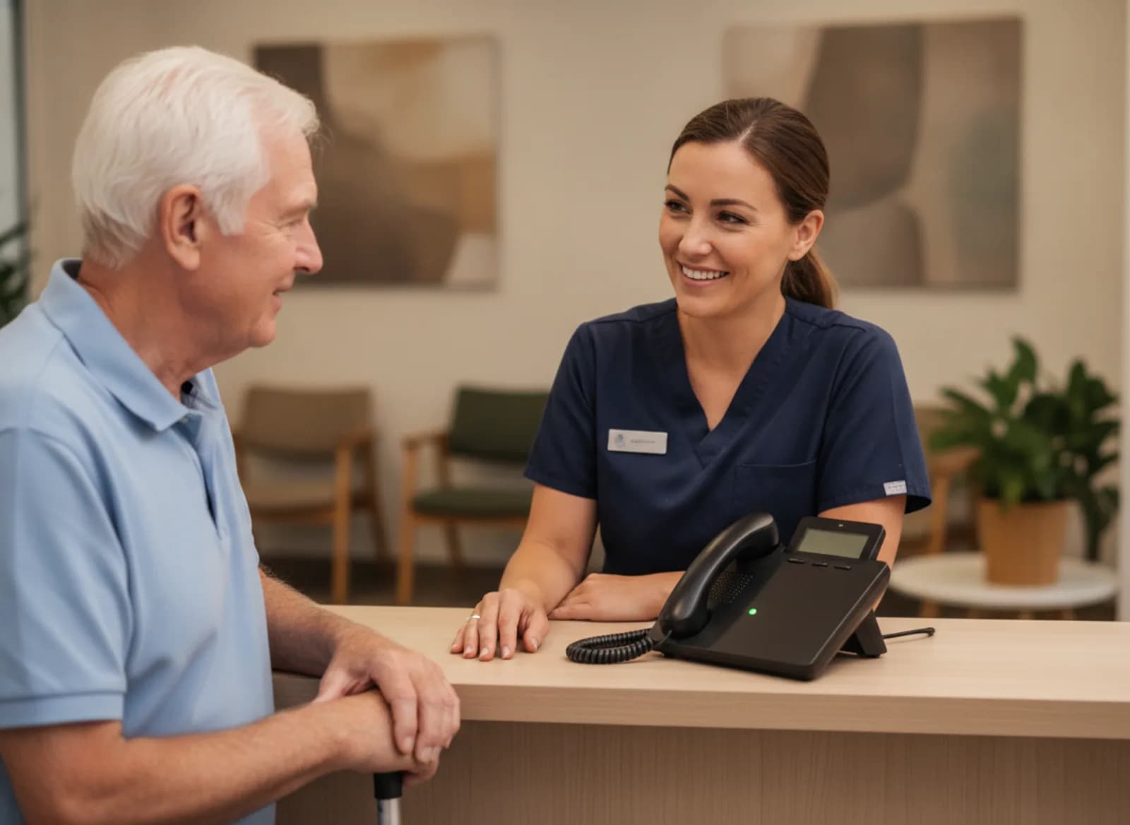 A receptionist helping a patient at the desk while a phone lights up beside them