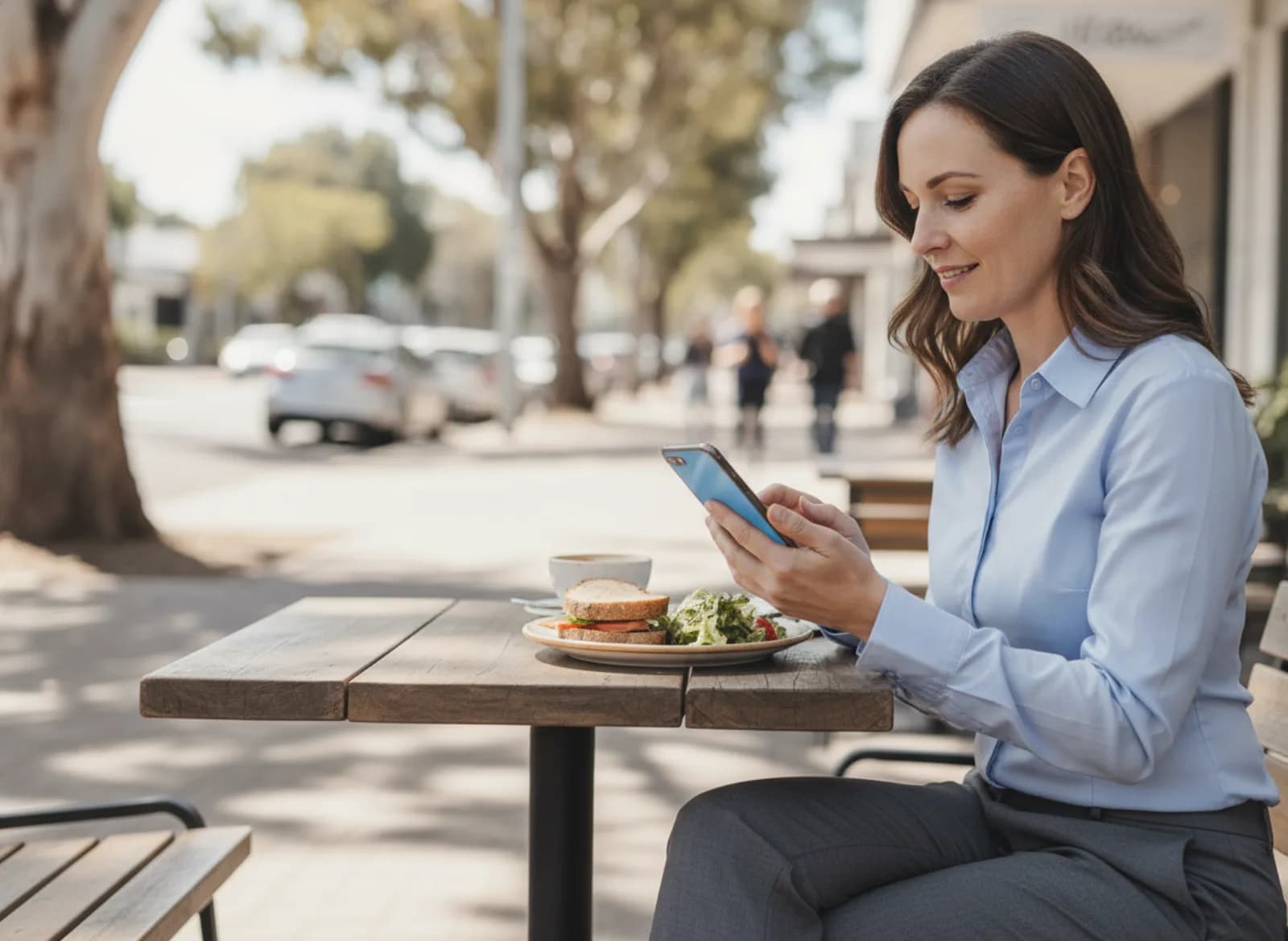 A patient on a lunch break reading a text message outside a cafe