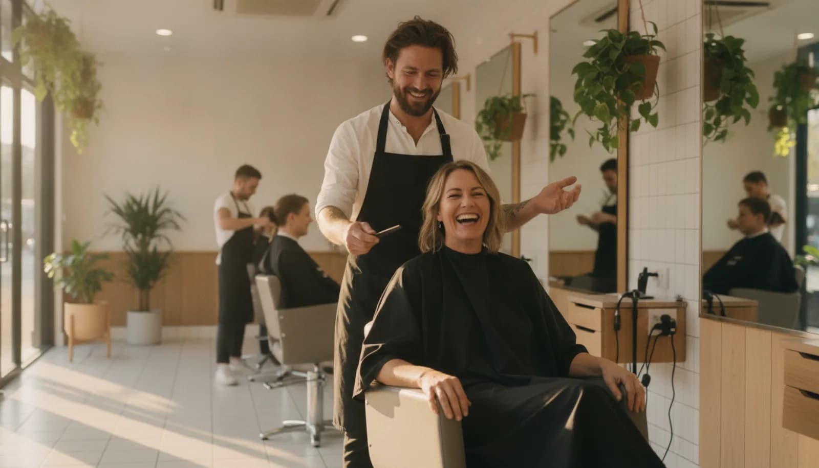 A regular client laughing with her stylist in a bright salon