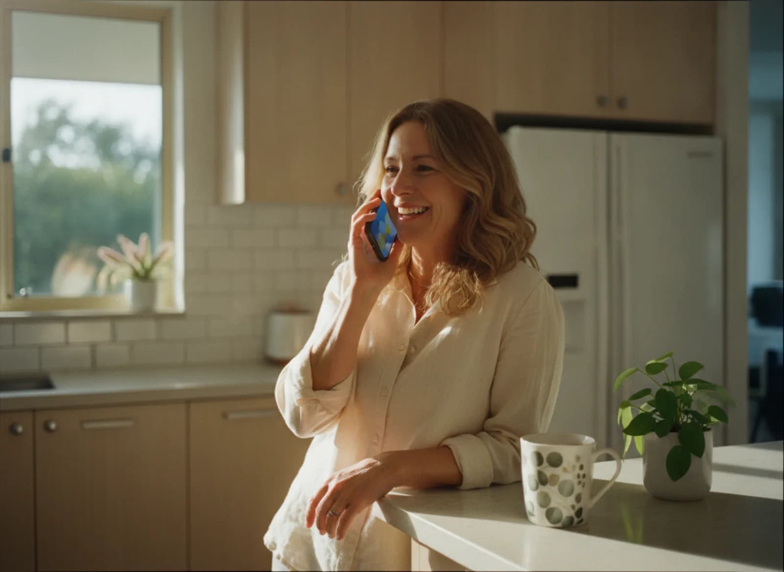 A woman in her kitchen answering a phone call with a smile