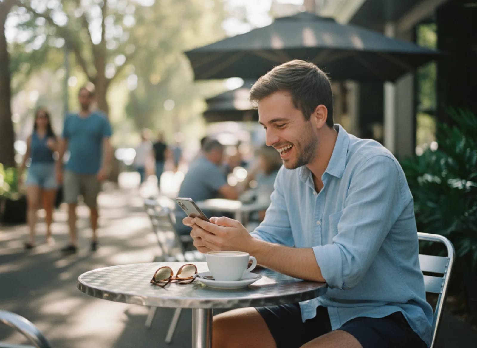A young man smiling at a message on his phone at a cafe table