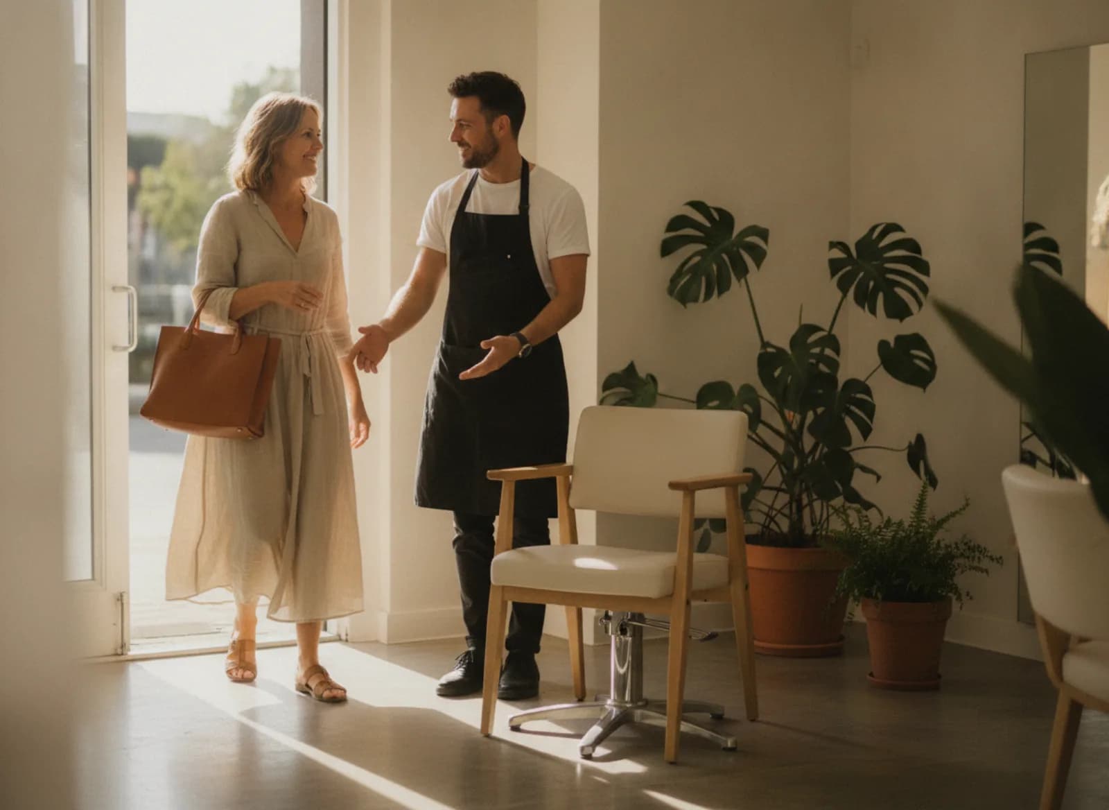 A woman walking into a bright salon, greeted by her stylist
