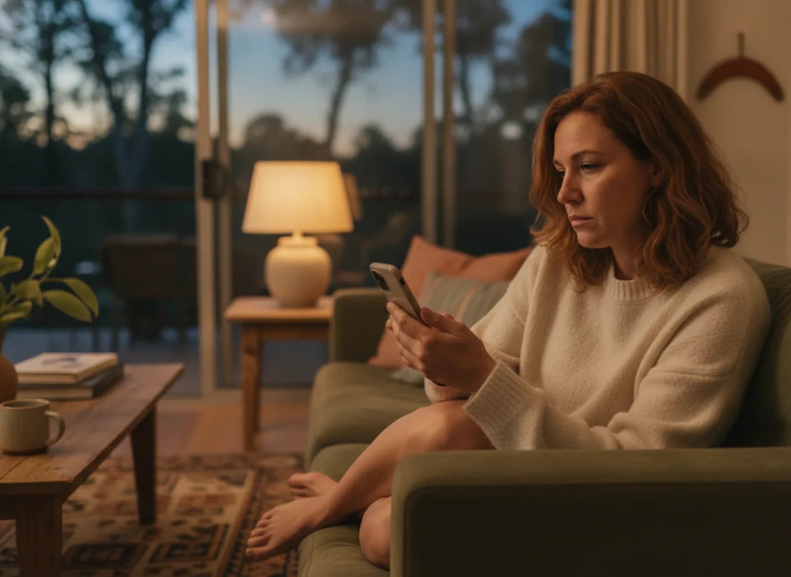 The salon owner reading her phone on the couch in the evening