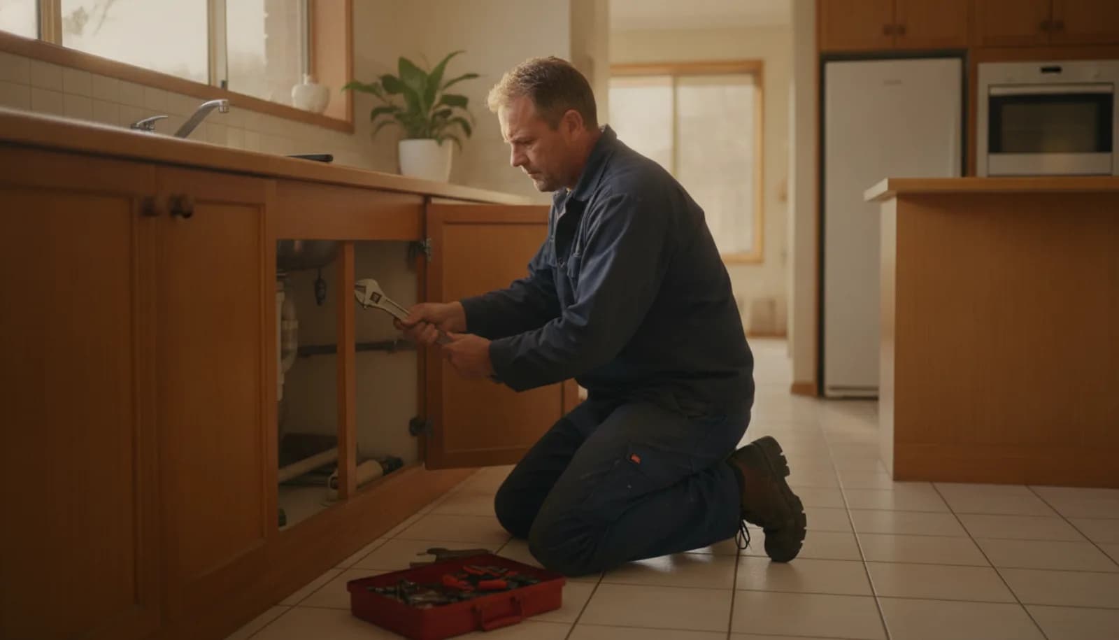 A plumber working under a kitchen sink while his phone sits on the bench