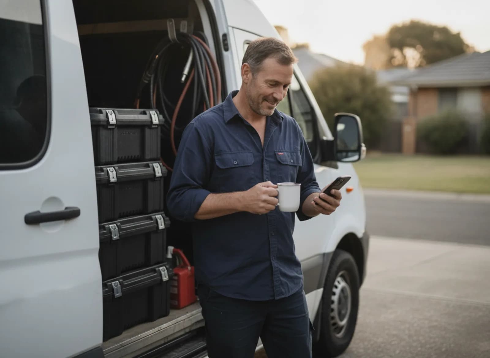 The owner loading his van in the early morning, reading a message