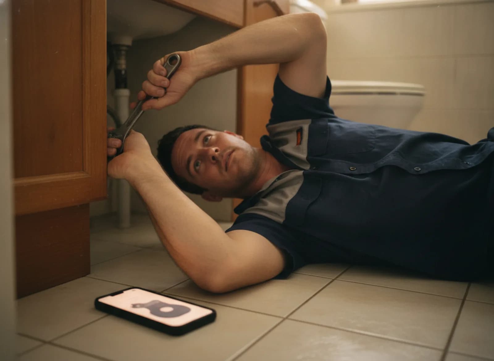 A plumber working under a sink while his phone lights up on the floor