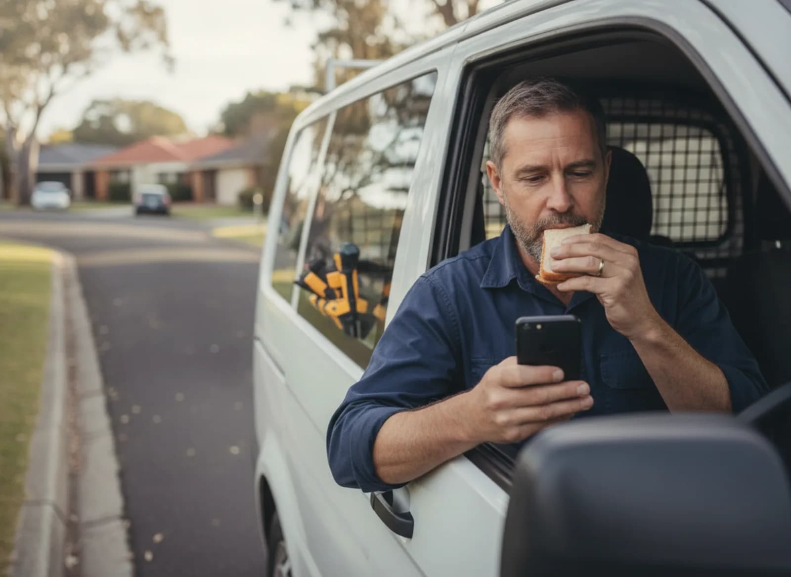 The owner sitting in his van between jobs, reading his phone