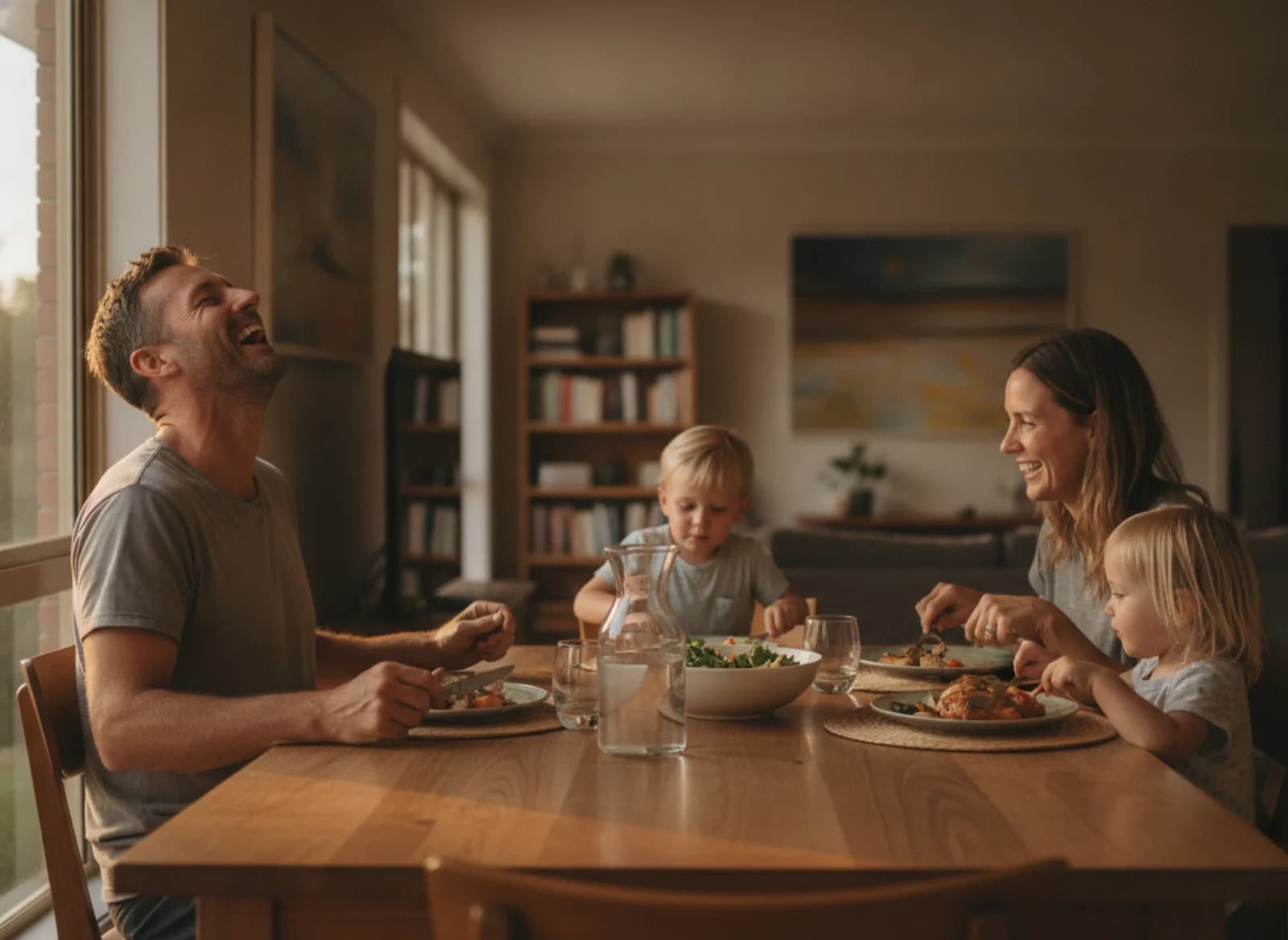The owner at home at the dinner table with his family