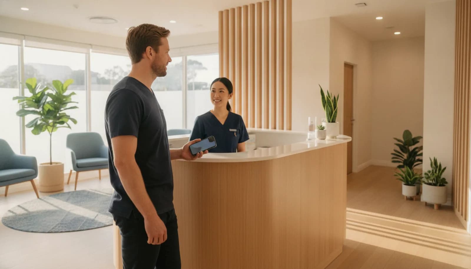 A dental receptionist smiling with a patient at the front desk