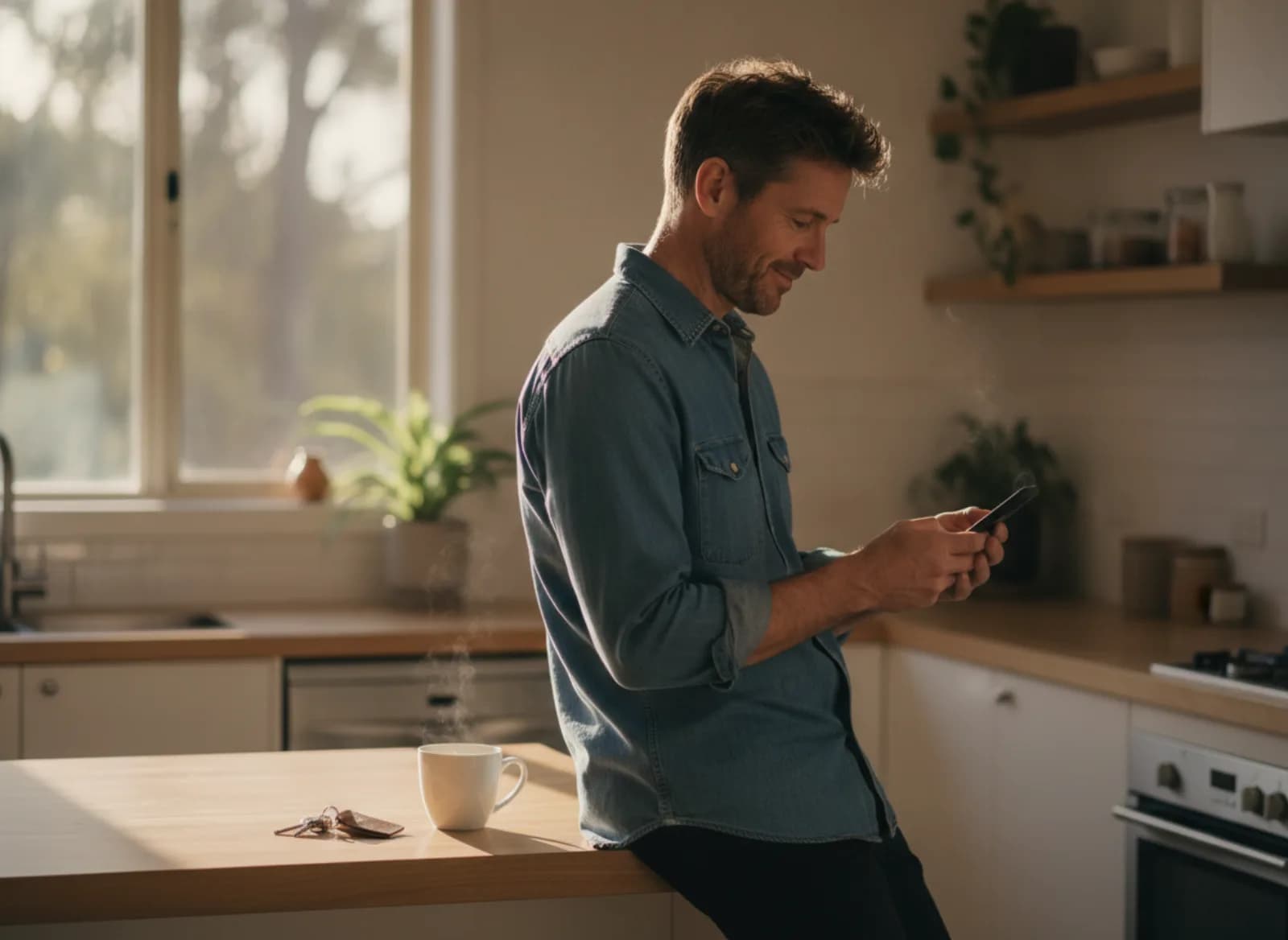 A man in his kitchen looking at his phone before work