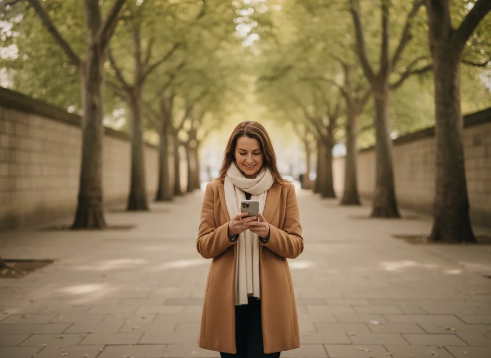 A woman on a city footpath smiling at her phone