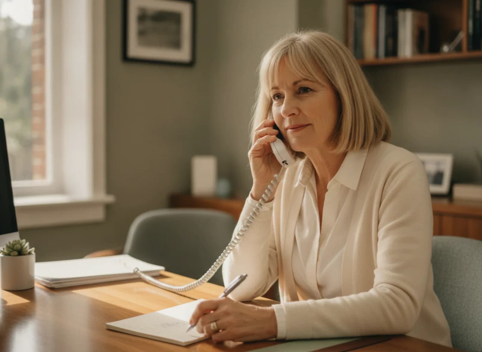 A practice manager on the phone at her desk, making a note
