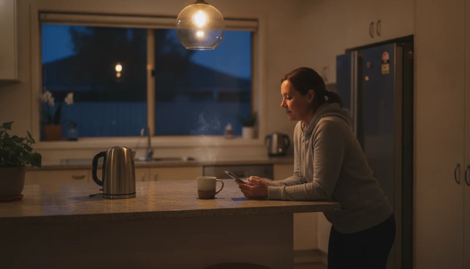 A salon manager at her kitchen bench before sunrise, reading her phone