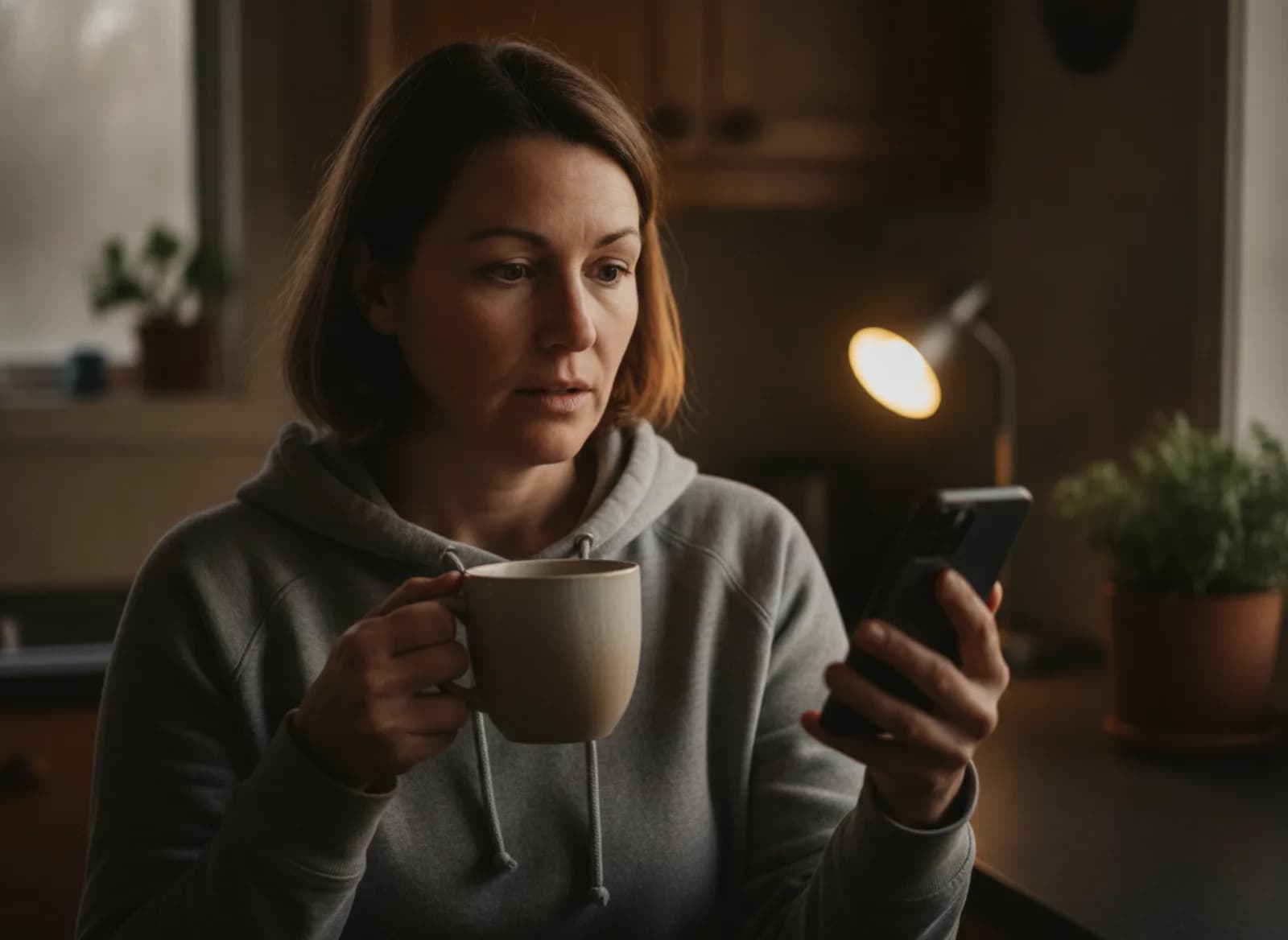 A manager in her kitchen before dawn reading a message on her phone