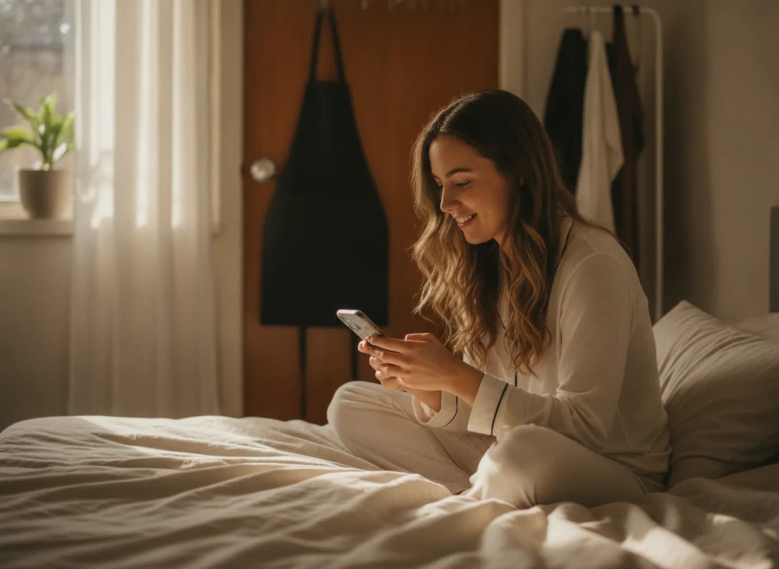 A young stylist at home in the morning, replying to a message