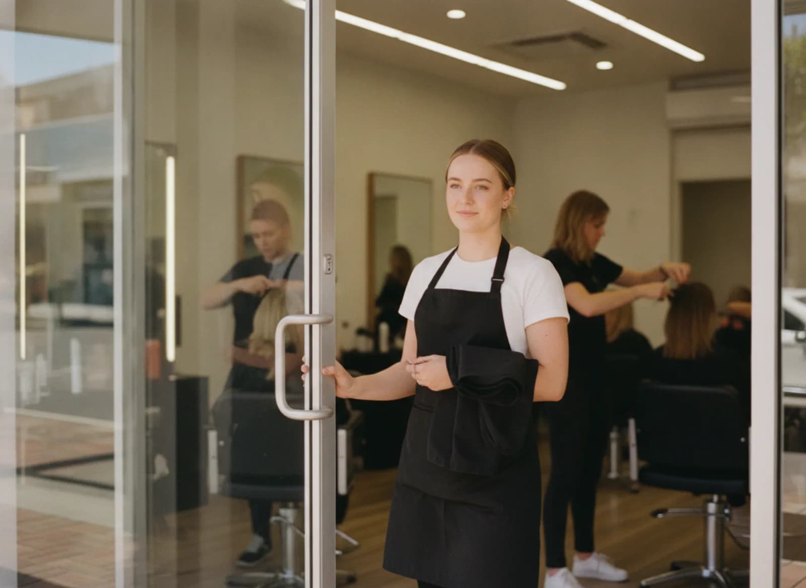 A stylist arriving at a salon to start an afternoon shift
