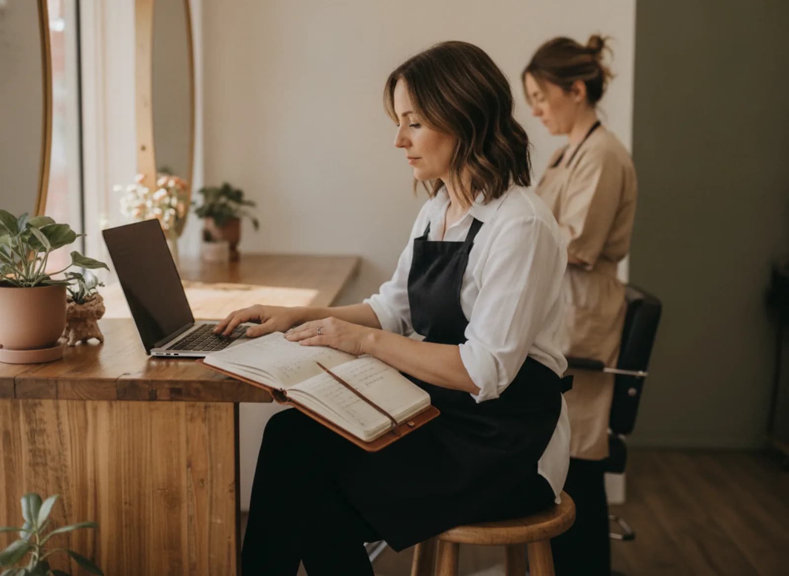 A manager planning the roster at a quiet salon counter