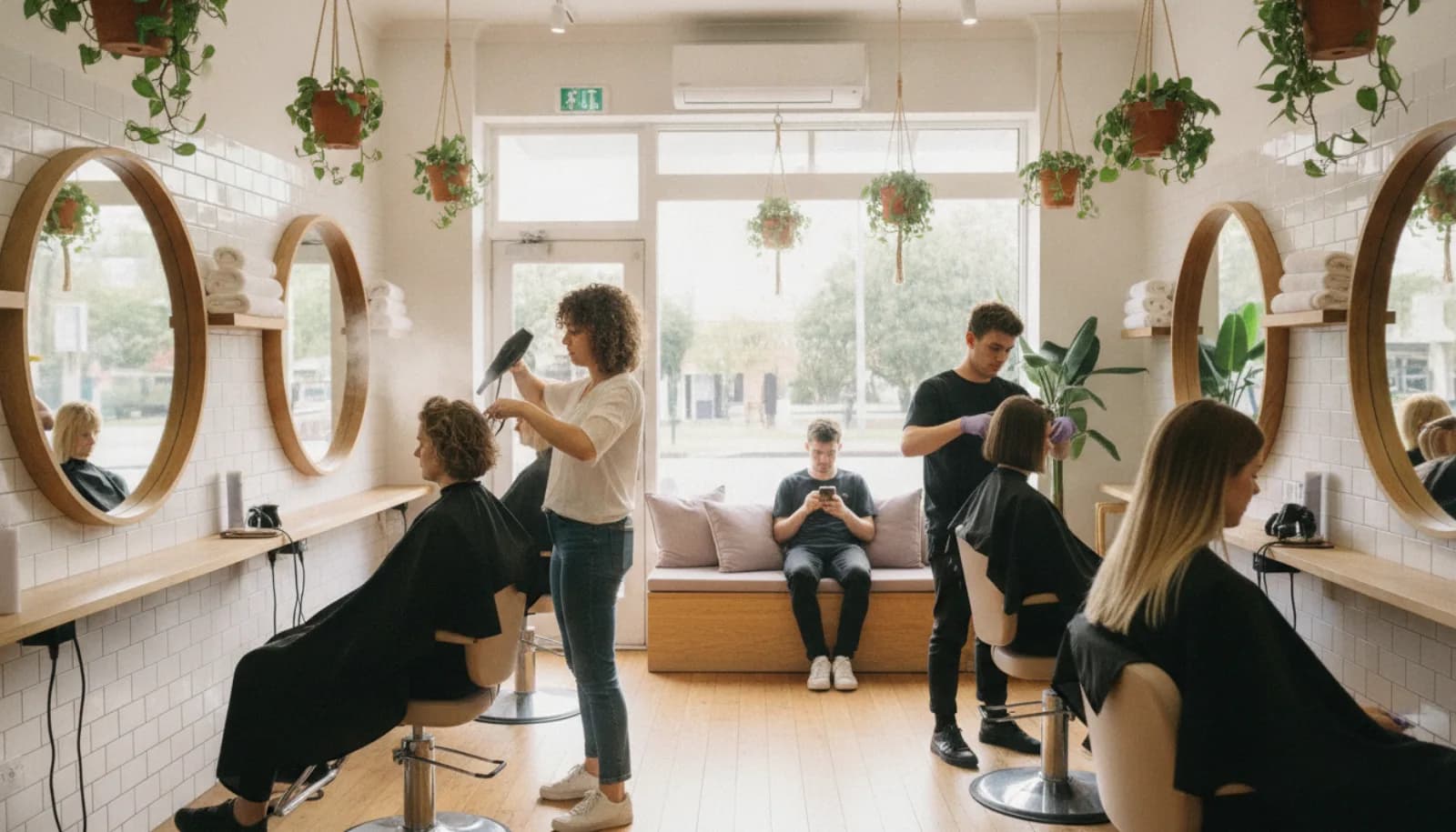 A busy salon on a Saturday morning, stylists at every chair