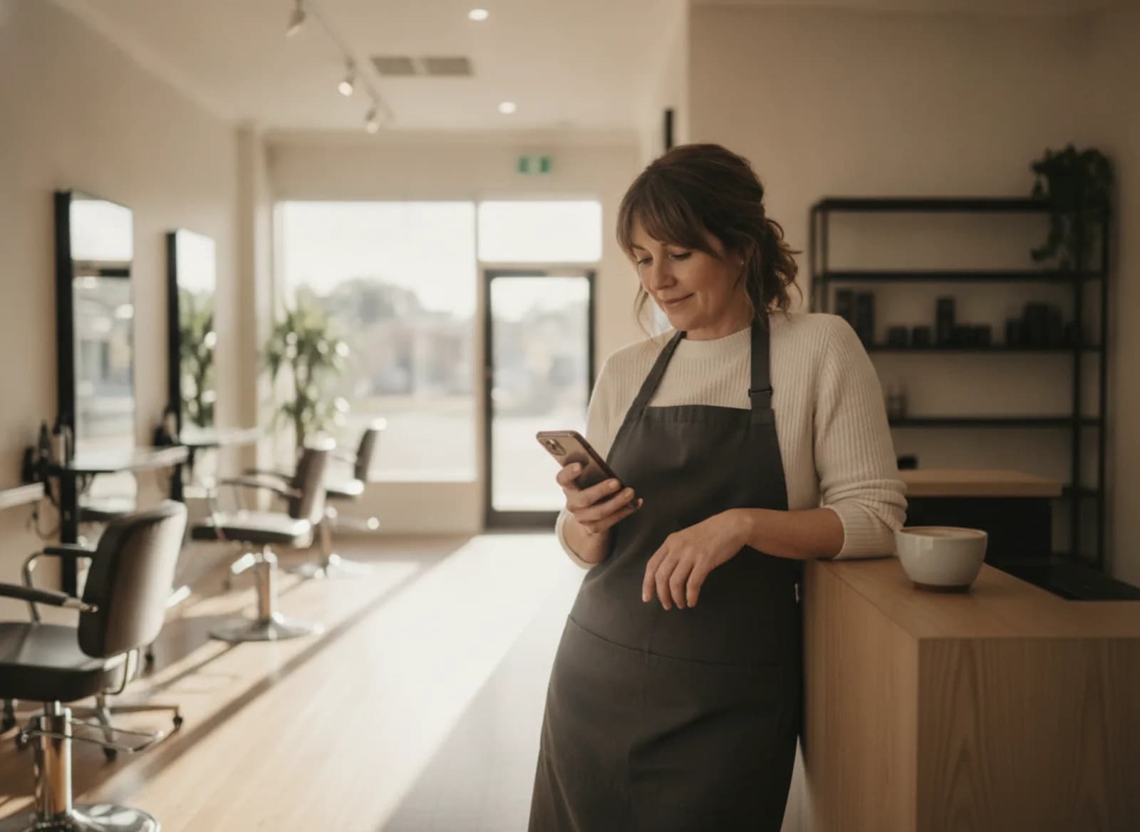 The salon owner reading her phone before opening