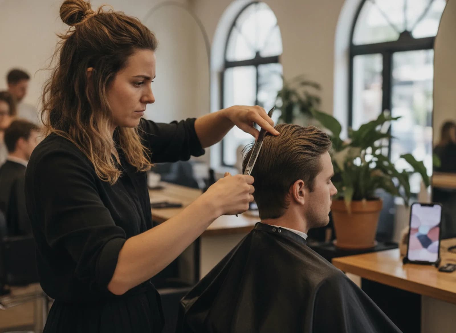 A stylist mid cut while a phone lights up on the counter