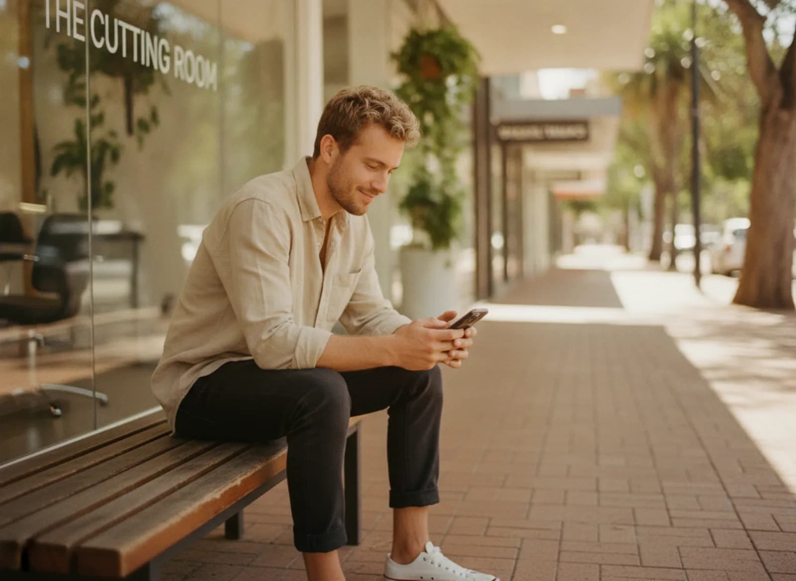 A client outside the salon reading a text about his wait