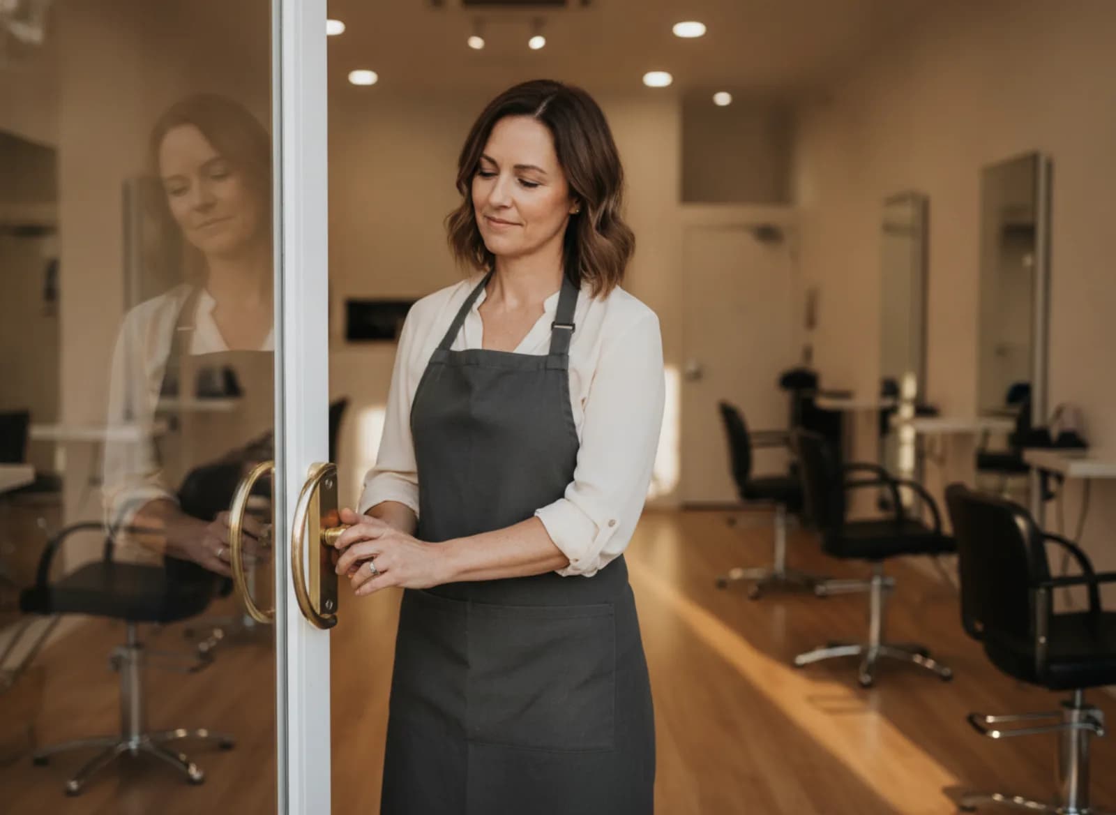 The owner locking the salon door at the end of the day