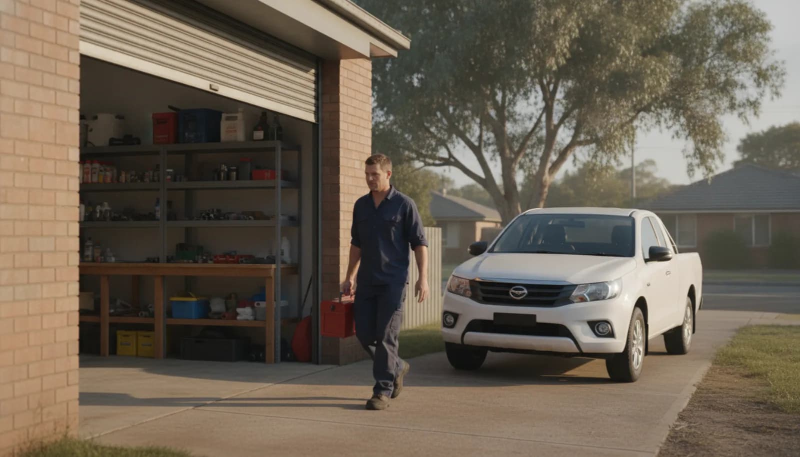 A tradesperson carrying a toolbox out of a small workshop to a ute in the morning