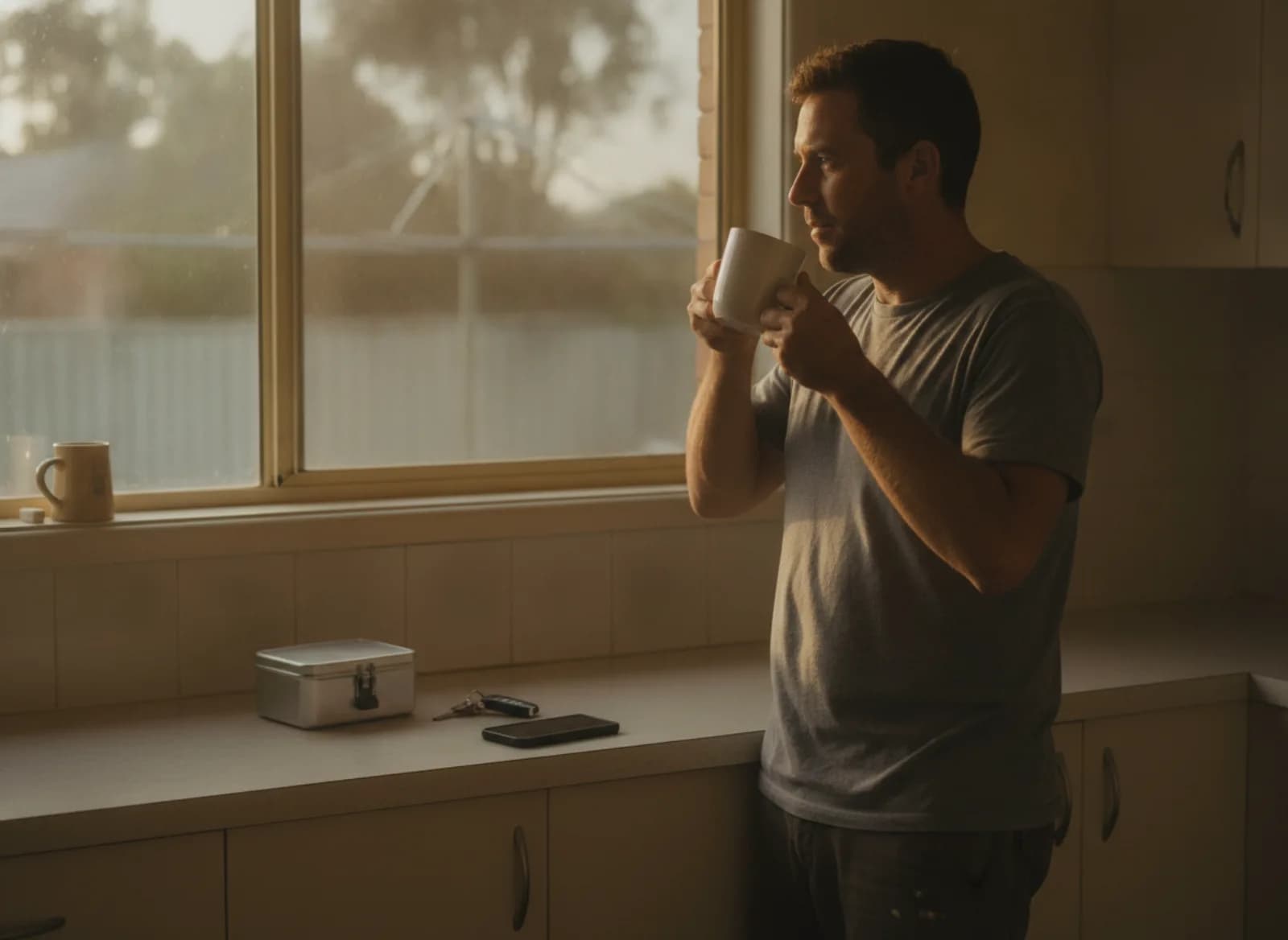 A tradesperson drinking coffee at home before work while a phone rests on the bench