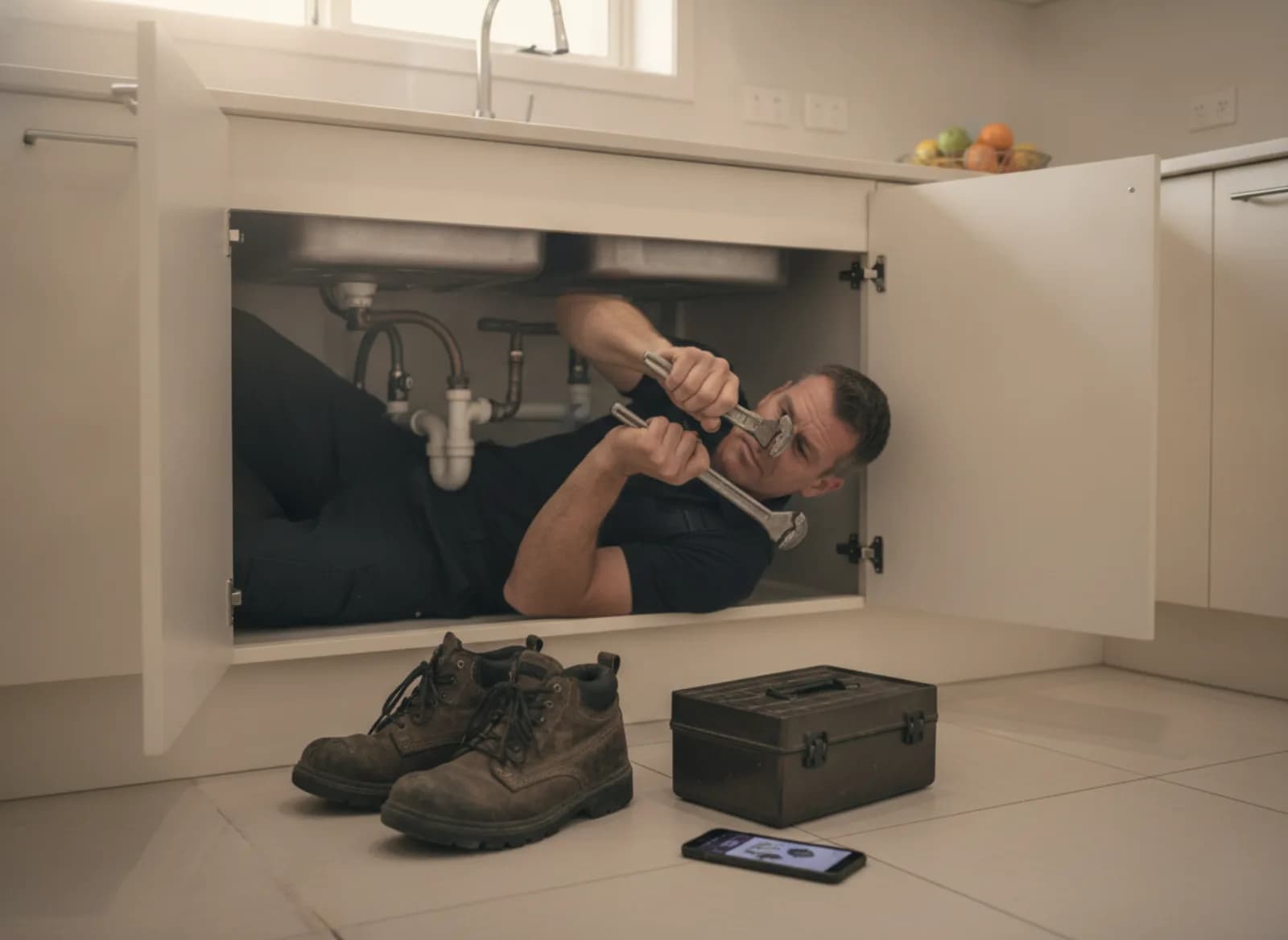 A plumber working under a kitchen sink with both hands on a pipe