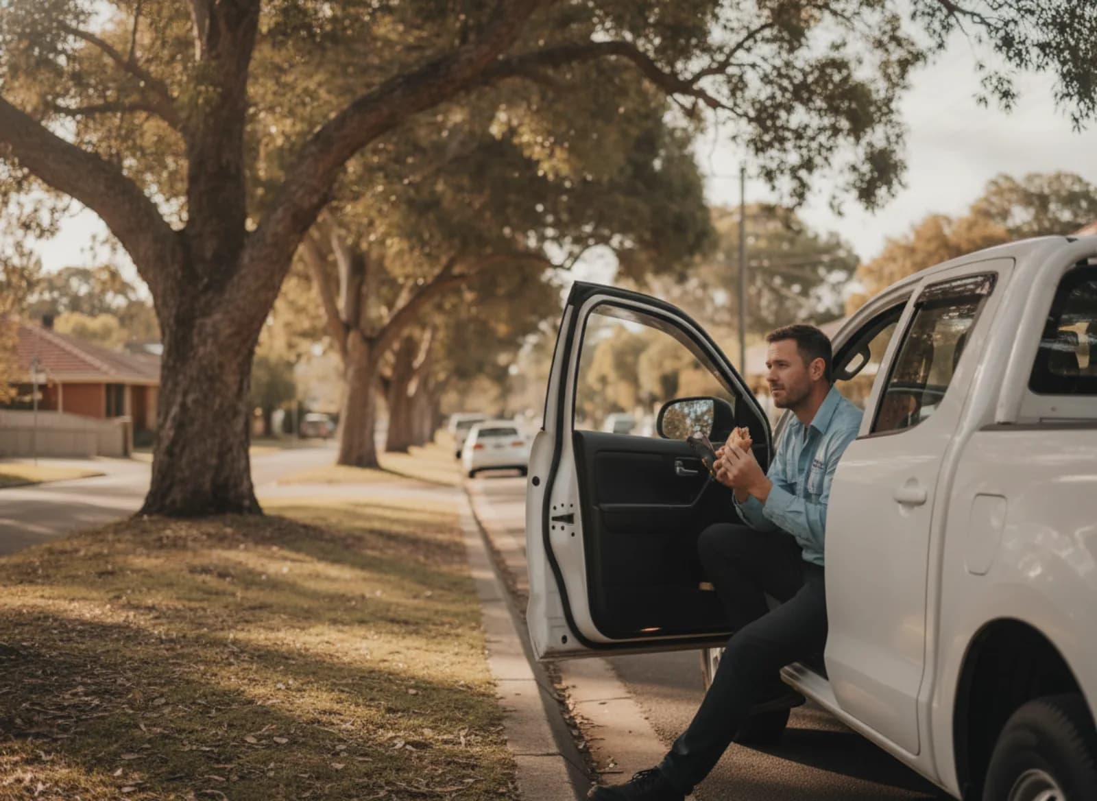 A technician in a parked ute glancing at a phone between jobs