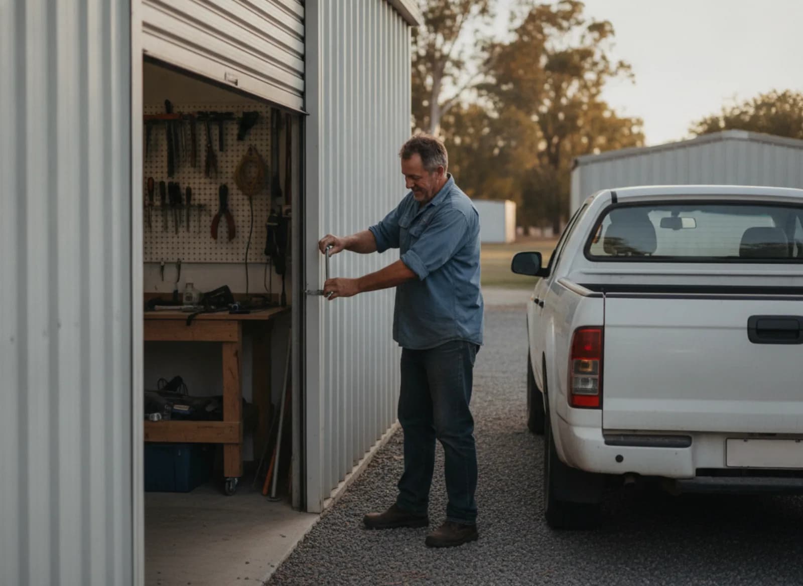 The owner closing the workshop roller door at the end of the day