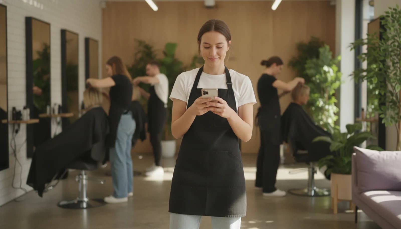 A stylist between clients reading her phone with a relieved smile