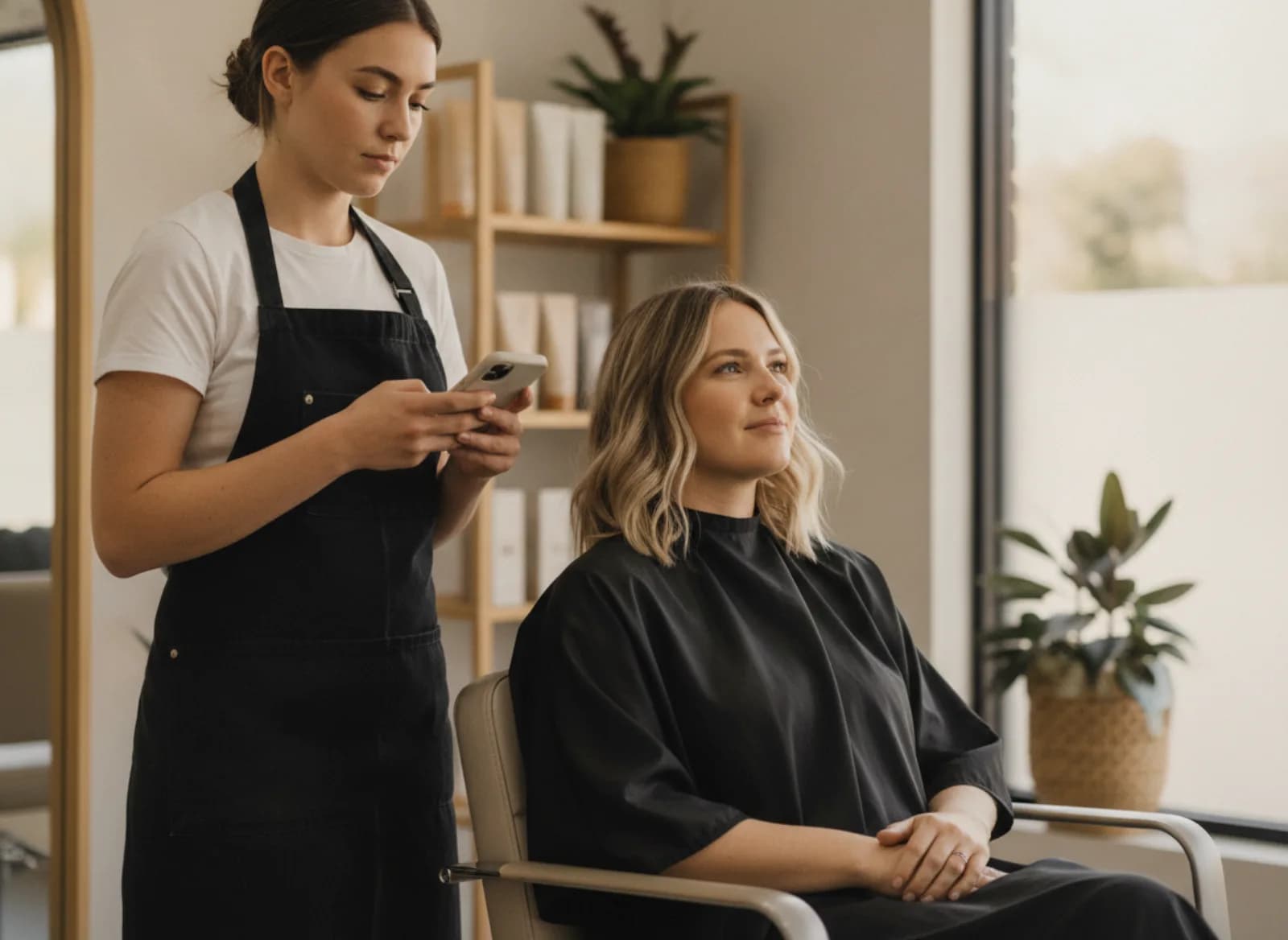 A young stylist reading her phone beside a client in a salon chair