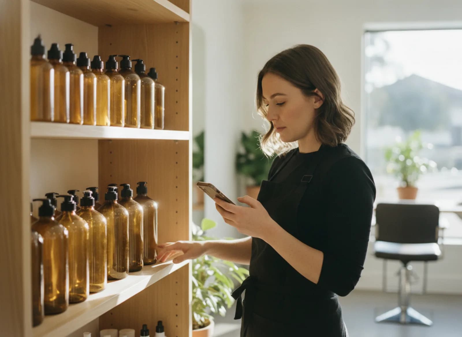 A stylist checking her phone beside a shelf of plain hair care bottles