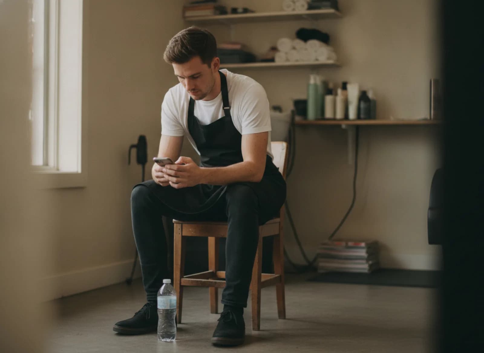 A stylist on his break in the salon back room typing on his phone