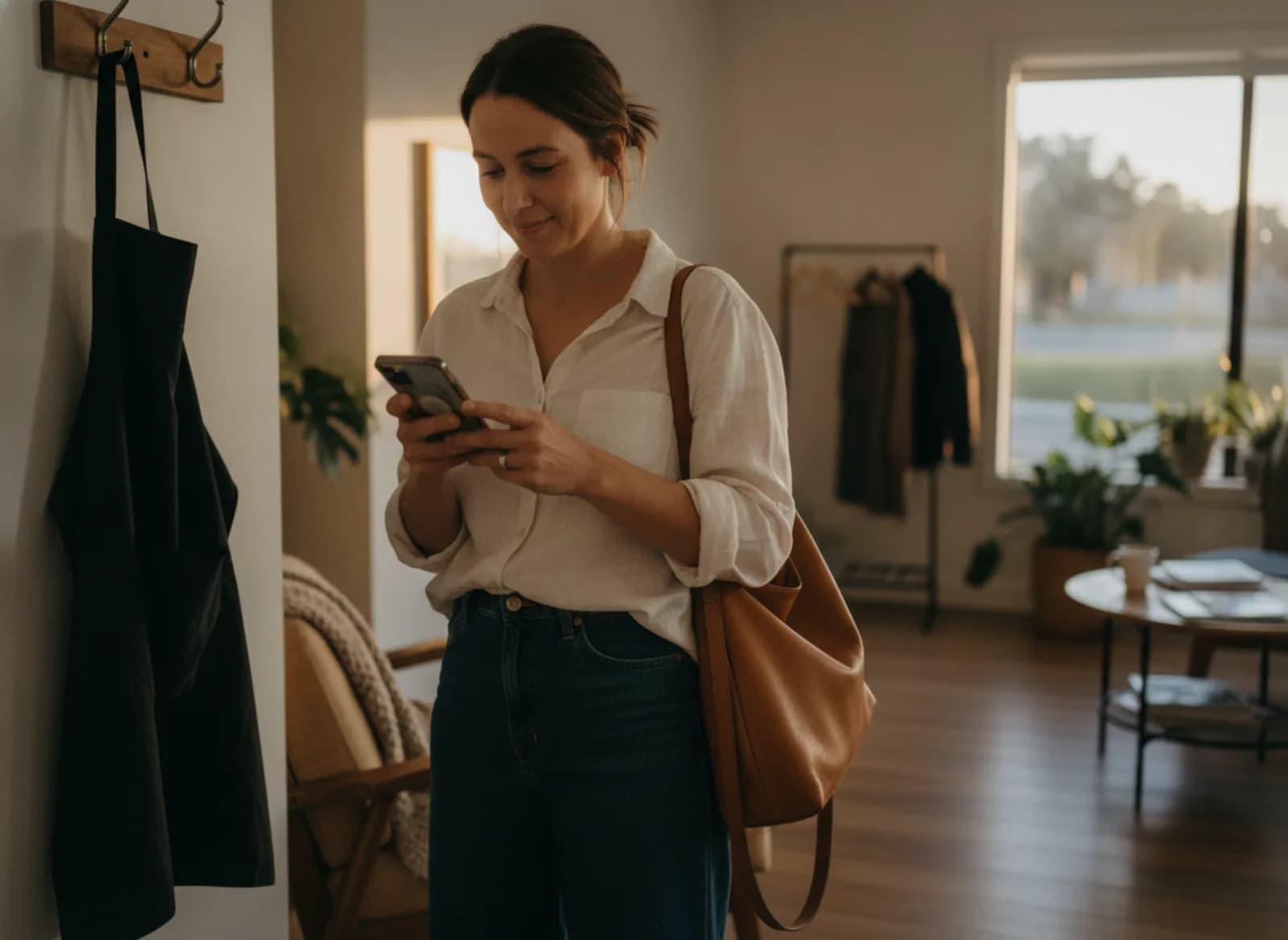 A stylist hanging up her apron at the end of the day, reading her phone