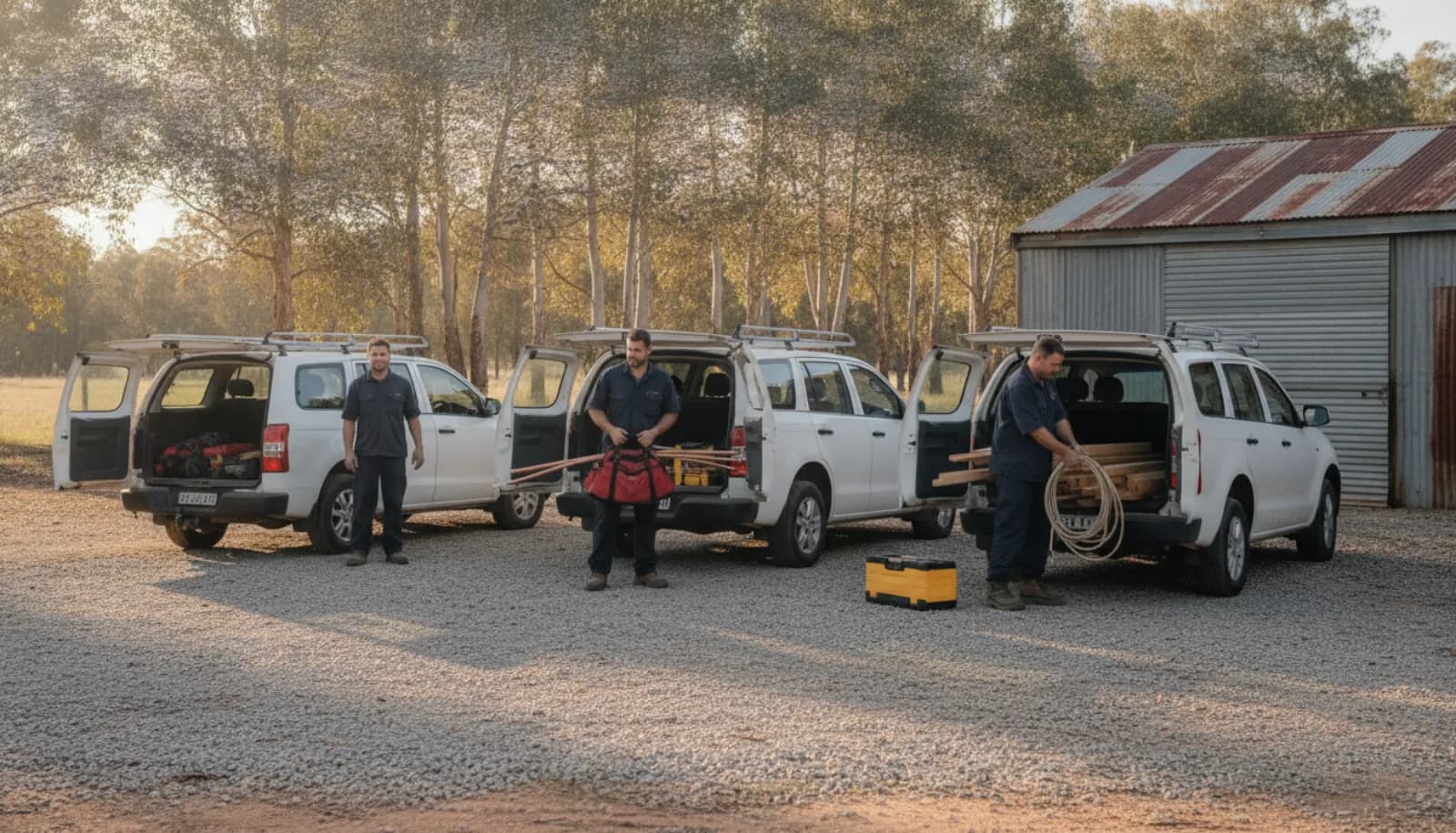 Tradies loading utes and vans in a yard before the day's jobs