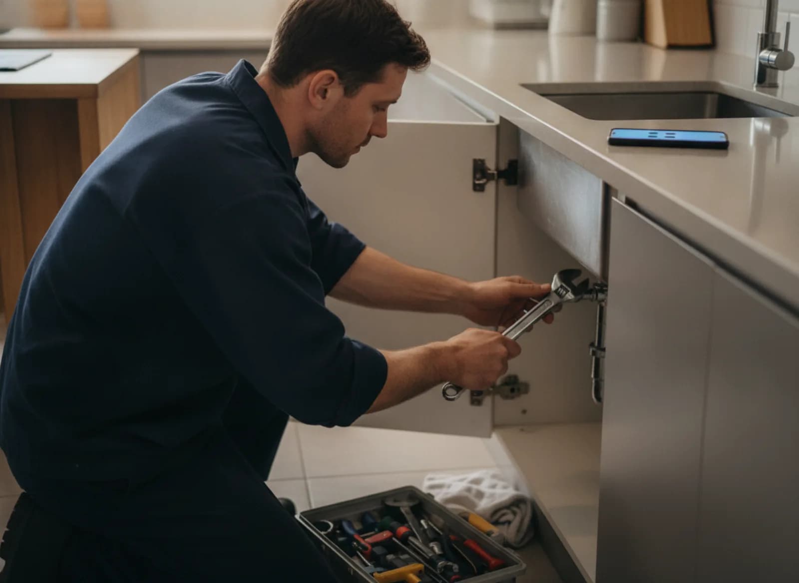 A plumber working under a kitchen sink while a phone lights up on the bench