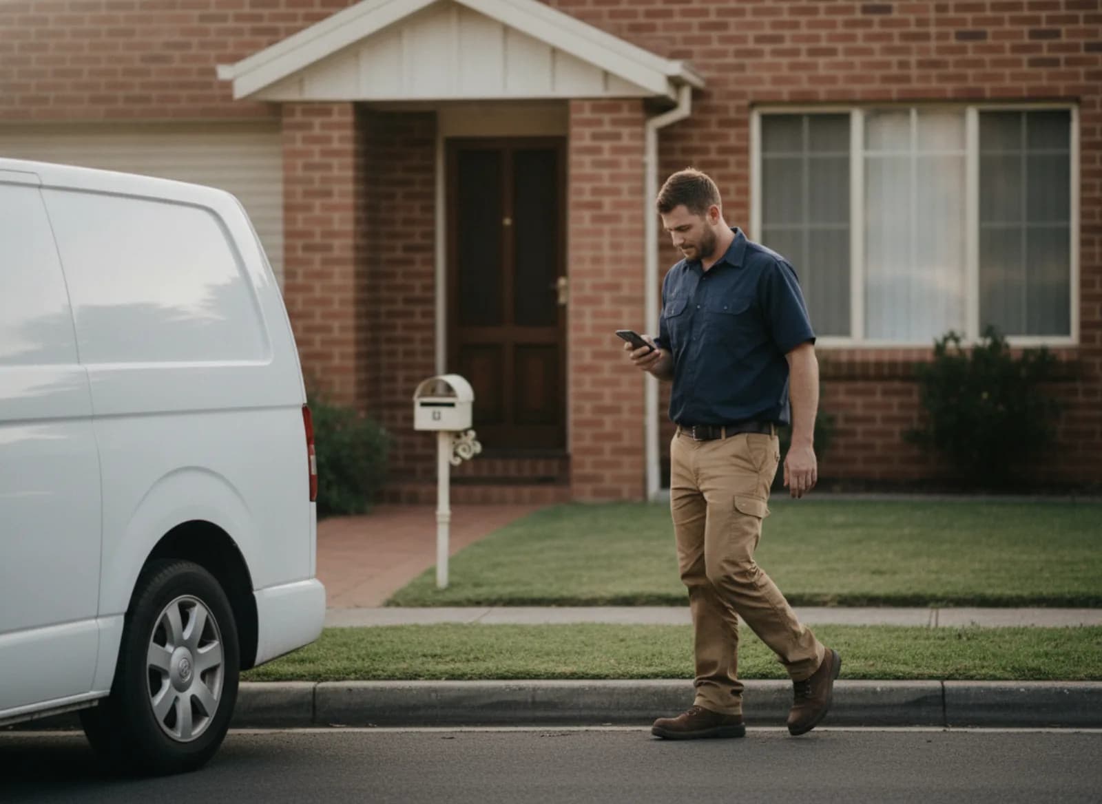 A tradie walking back to his van after knocking on a door with no answer
