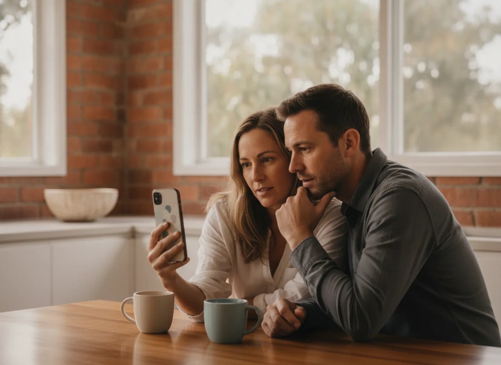 A couple at their kitchen table reading a quote on a phone